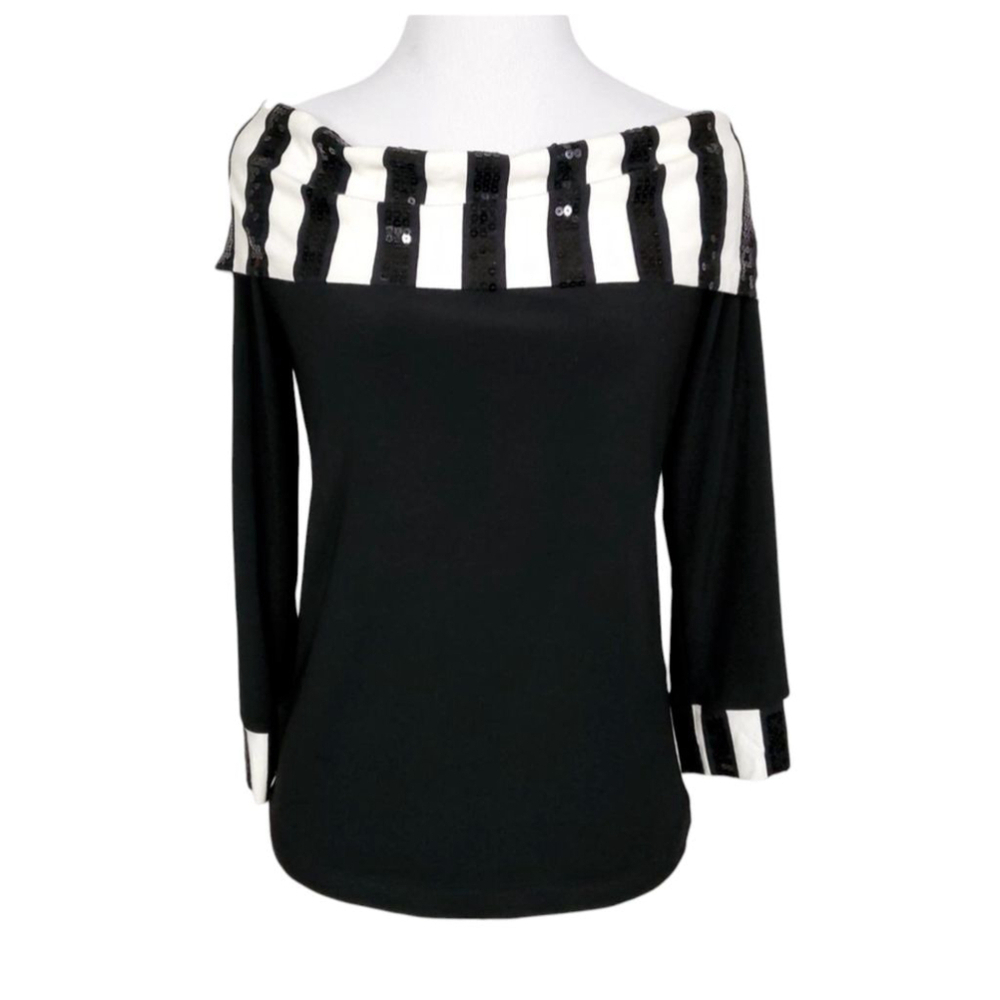 Joseph Ribkoff Black Striped Sequin Off Shoulder Cowl Neck Top Size 6